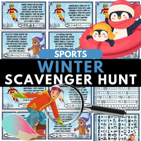 Winter Sports Scavenger Hunt for Kids, Indoor Printable Game, Riddles,