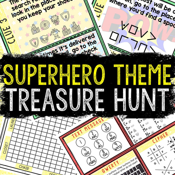 Superhero Theme Treasure Hunt for Kids - Printable Puzzle Game - Indoor Scavenger Hunt