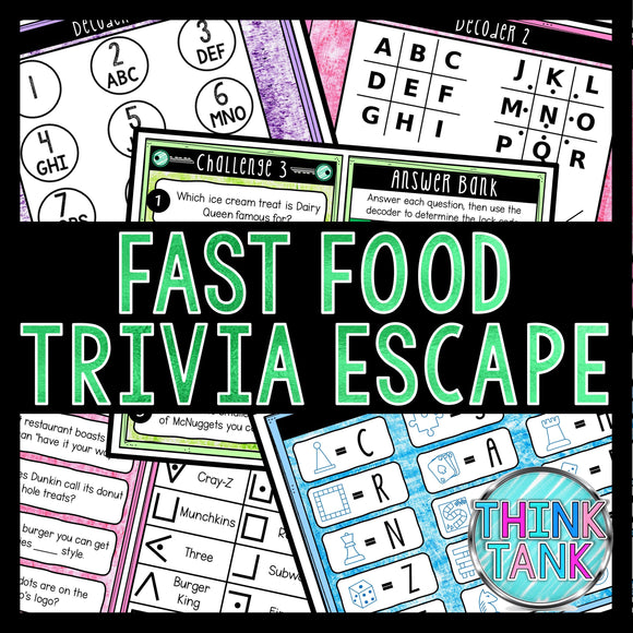 Fast Food Trivia Game - Escape Room for Kids - Printable Party Game – Birthday Party Game - Kids Activity – Family Games - Restaurants
